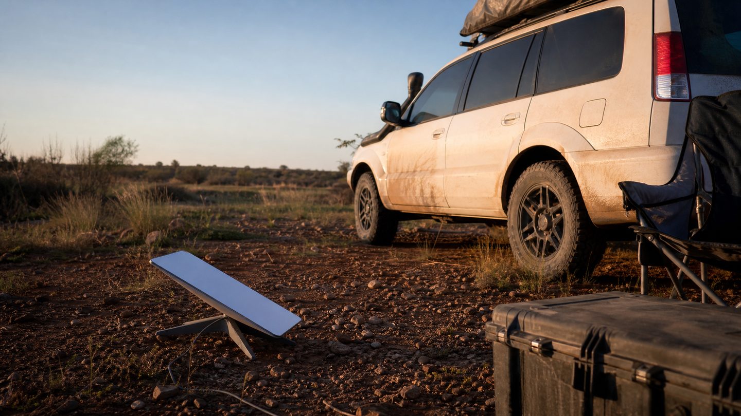A Starlink Mini set up on its kickstand on red dirt beside a dusty 4WD with a rooftop tent at a remote Western Australian campsite at golden hour