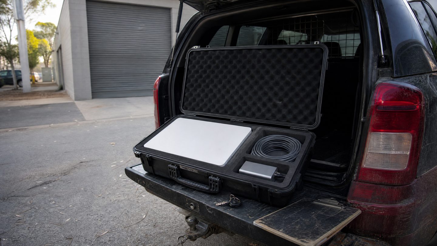 An open Starlink hire kit case on the tailgate of a 4WD outside a roller-door depot, with the dish, coiled cable and power supply in their foam cutouts