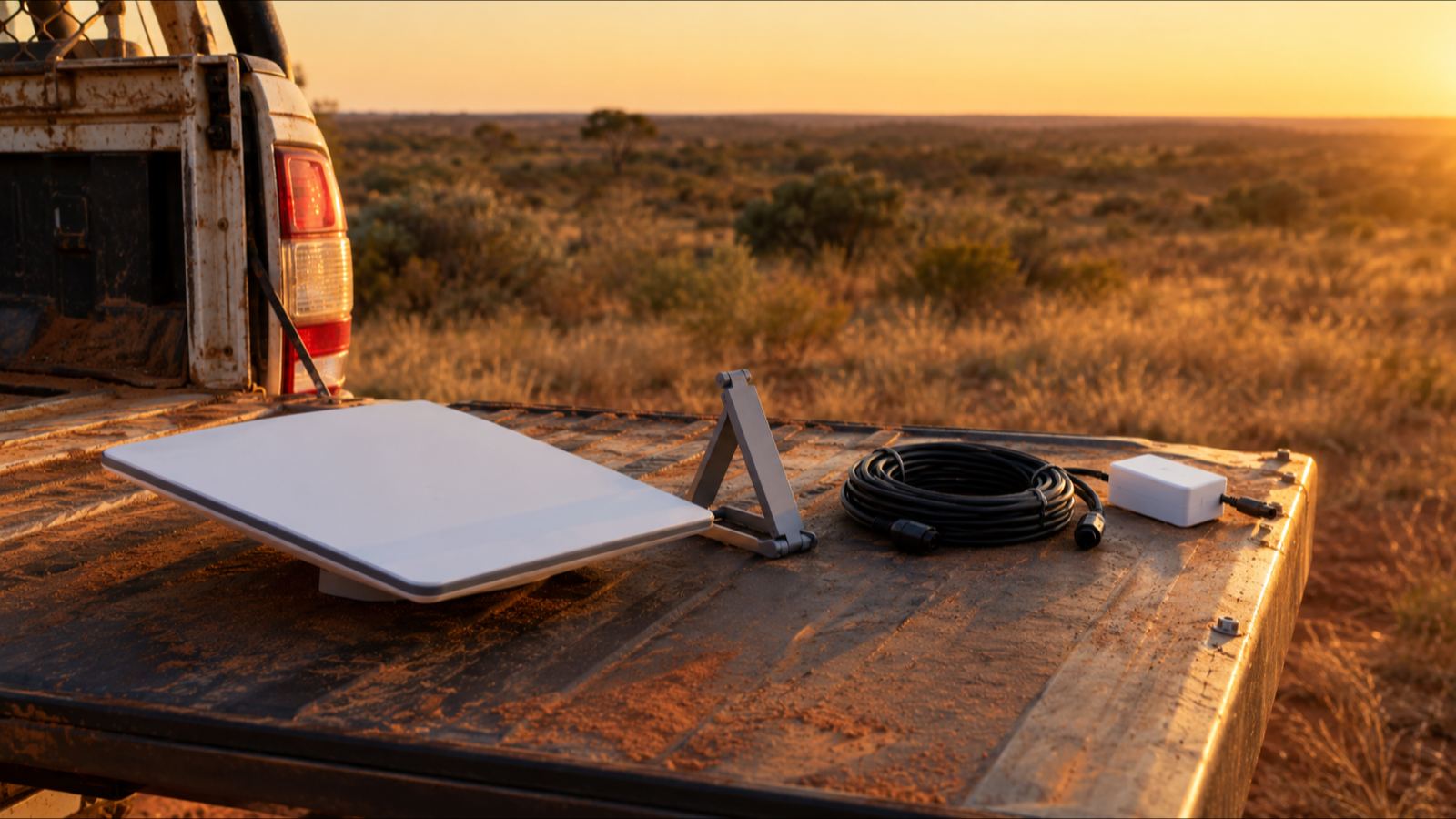 A Starlink Mini kit laid out on the dusty tailgate of a 4WD ute in the Western Australian outback at golden hour: the antenna, its kickstand, a coiled cable and the power supply