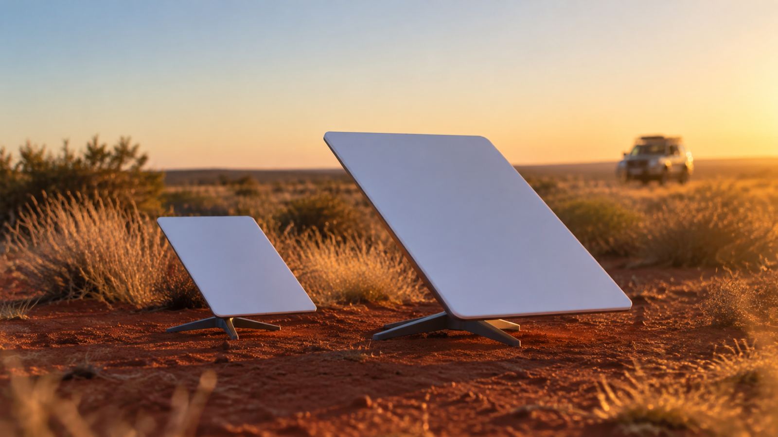 A Starlink Mini and a larger Standard dish standing side by side on red dirt in the Western Australian outback at golden hour, showing the size difference between them