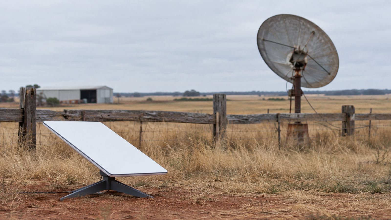 A flat Starlink antenna on its kickstand in the foreground of a dry Western Australian paddock, with an older weathered round parabolic satellite dish on a rusting pole mount behind it